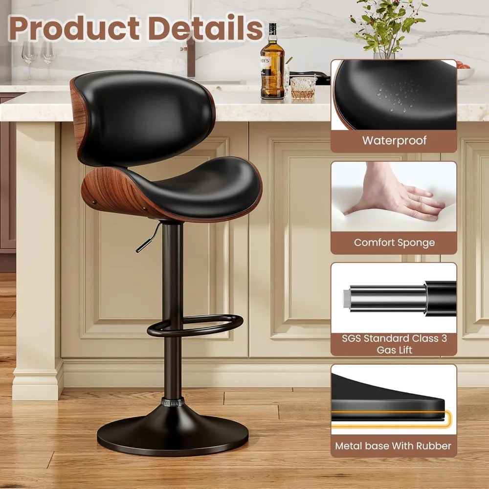 Swivel Bar Stools Set of 2, Adjustable Bentwood PU Leather