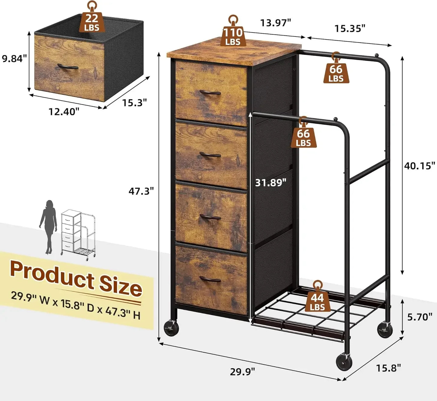 Tall Closet Organizer Dresser With Hanging Rack Fabric Drawers Wheels