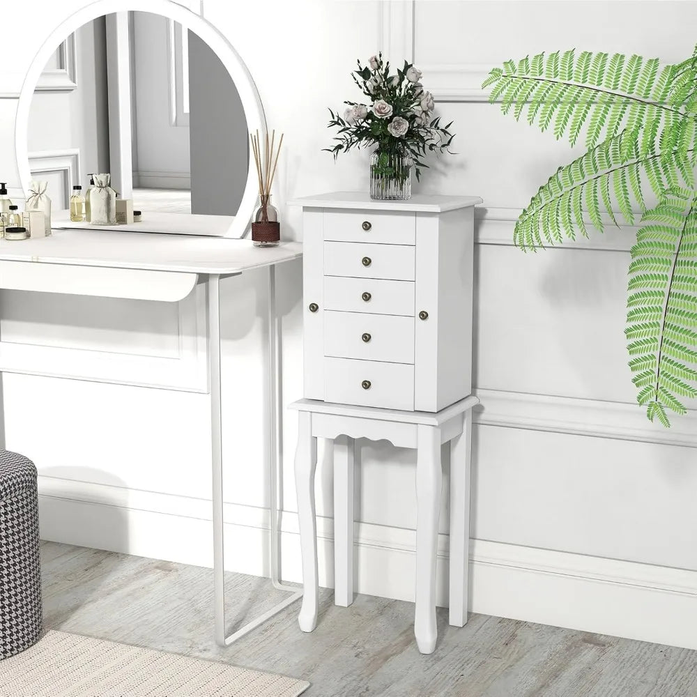Standing Jewelry Armoire Cabinet With Flip Top Mirror And Drawers