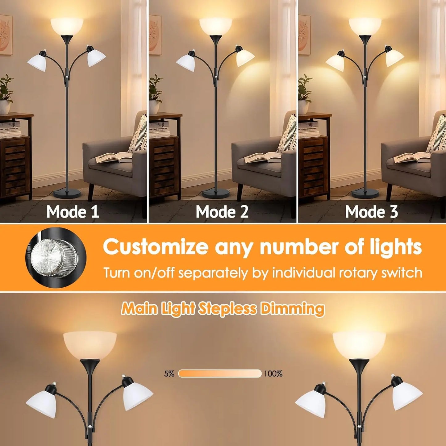 Dimmable Floor Lamp With Reading Lights Includes 3 Bulbs