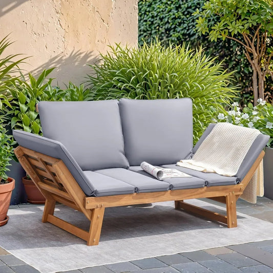 Outdoor Couch Acacia Wood Patio Sofa With Adjustable Armrests