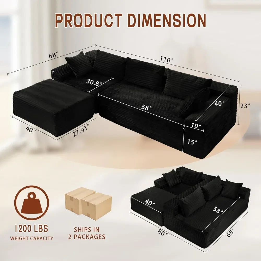 Modular Sectional Sofa With L Shape Chaise Corduroy Deep Seat No Assembly Needed
