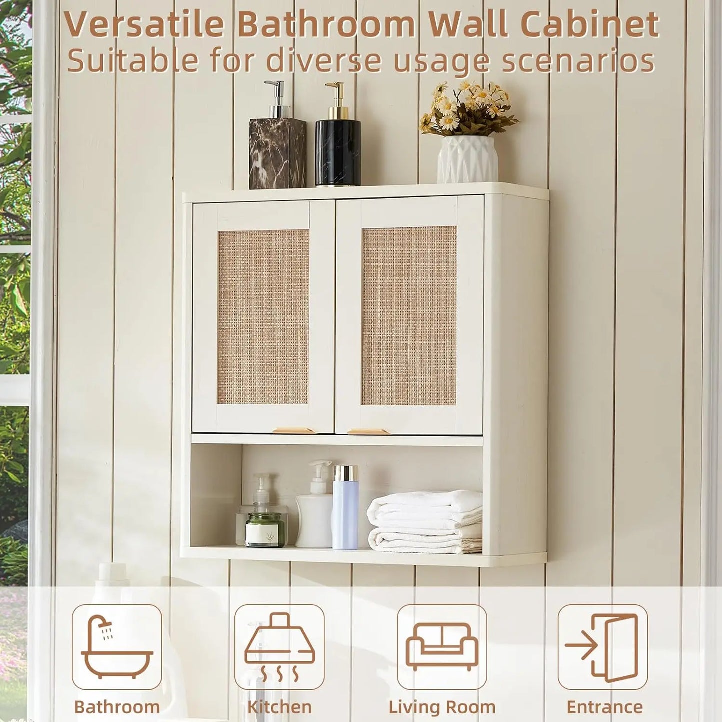 Rattan Boho Bathroom Wall Cabinet Over Toilet Storage