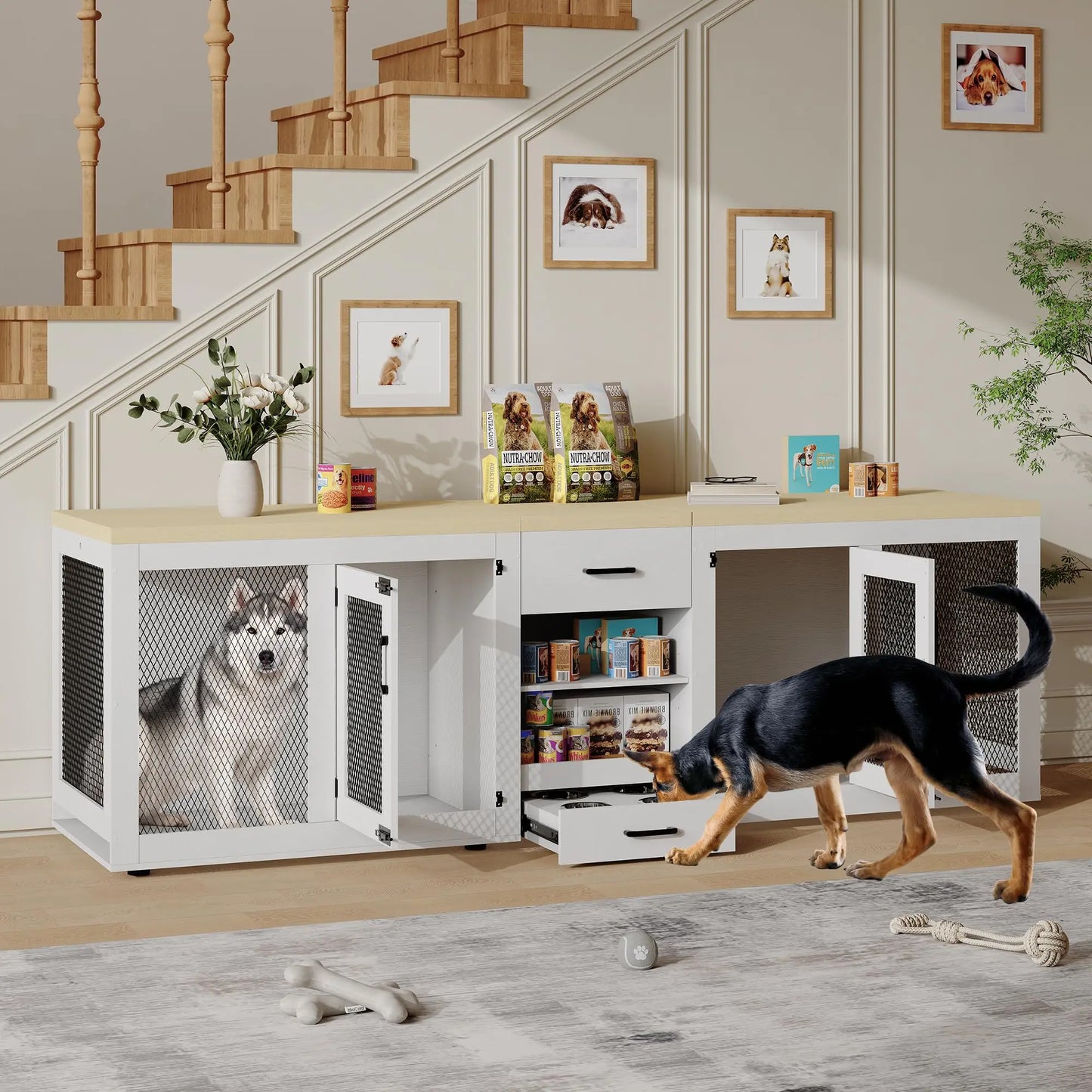 HiMISS Heavy Duty Dual Dog Crate TV Stand Feeding Station
