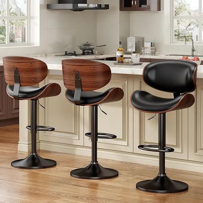 Bar Stools Set Of 3 Bentwood Adjustable PU Leather Swivel
