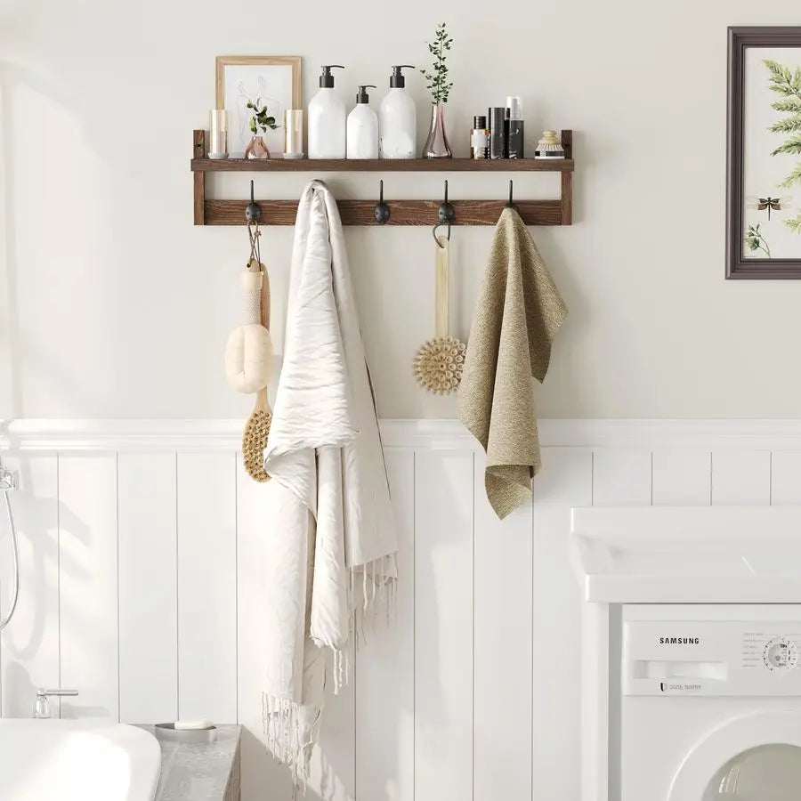 Wood Wall Mount Coat Rack With Shelf And Five Hooks