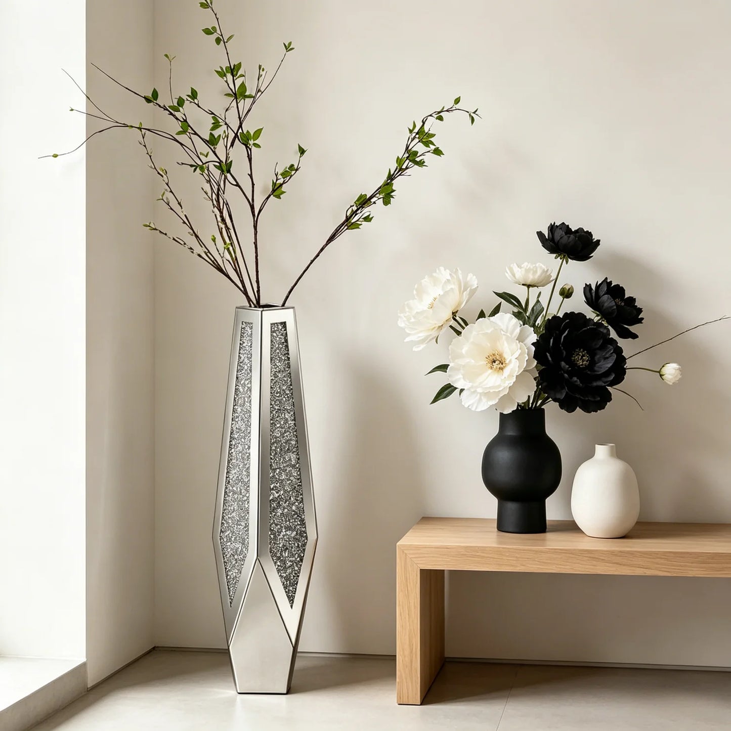 Modern Glass Floor Vase With Crushed Diamond Mirror Finish