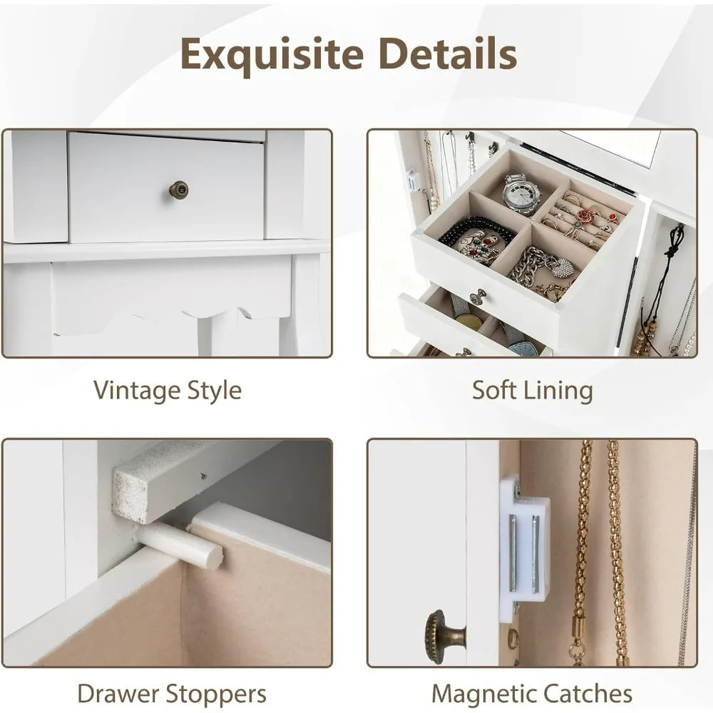 Standing Jewelry Armoire Cabinet With Flip Top Mirror And Drawers