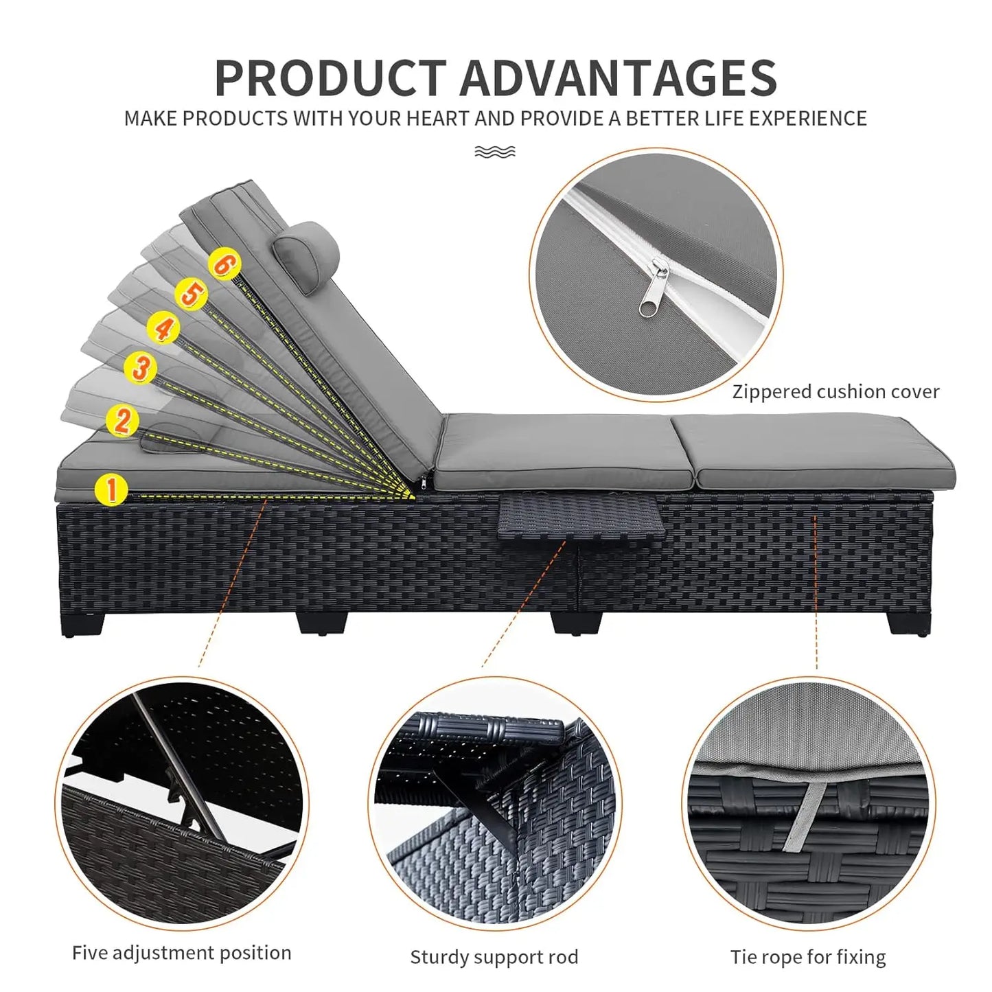 Adjustable Wicker Chaise Lounge Patio Pool Sunbathing Recliner Cushioned