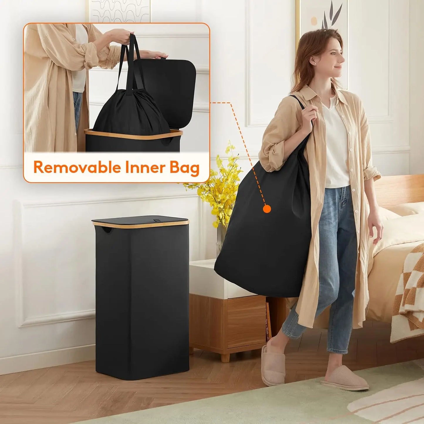 NONECN Laundry Basket With Lid Bamboo Handles Removable Inner Bag