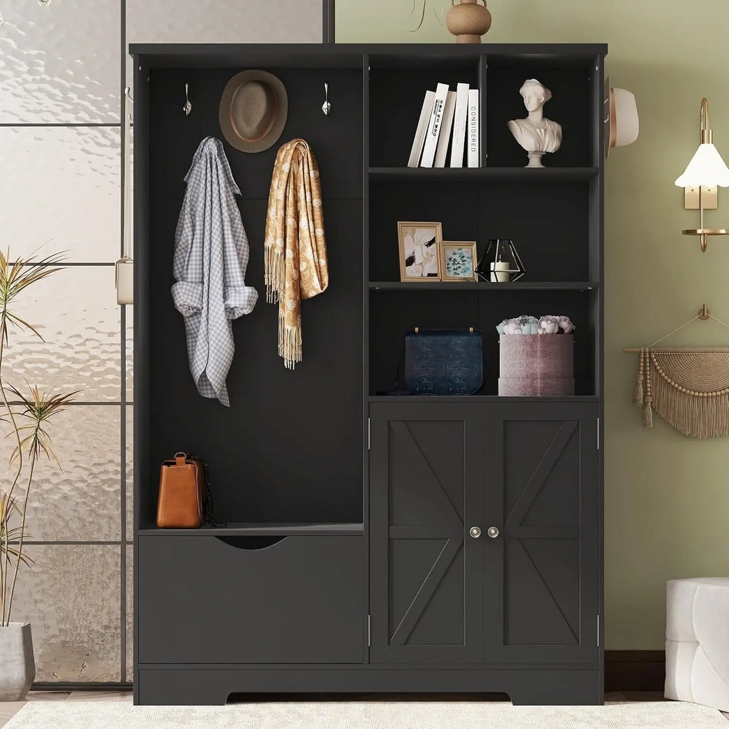 Hall Tree With Hidden Hooks Coat Rack And Shoe Storage