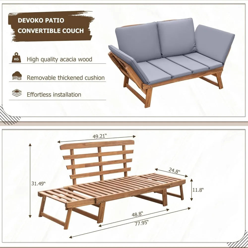 Outdoor Couch Acacia Wood Patio Sofa With Adjustable Armrests
