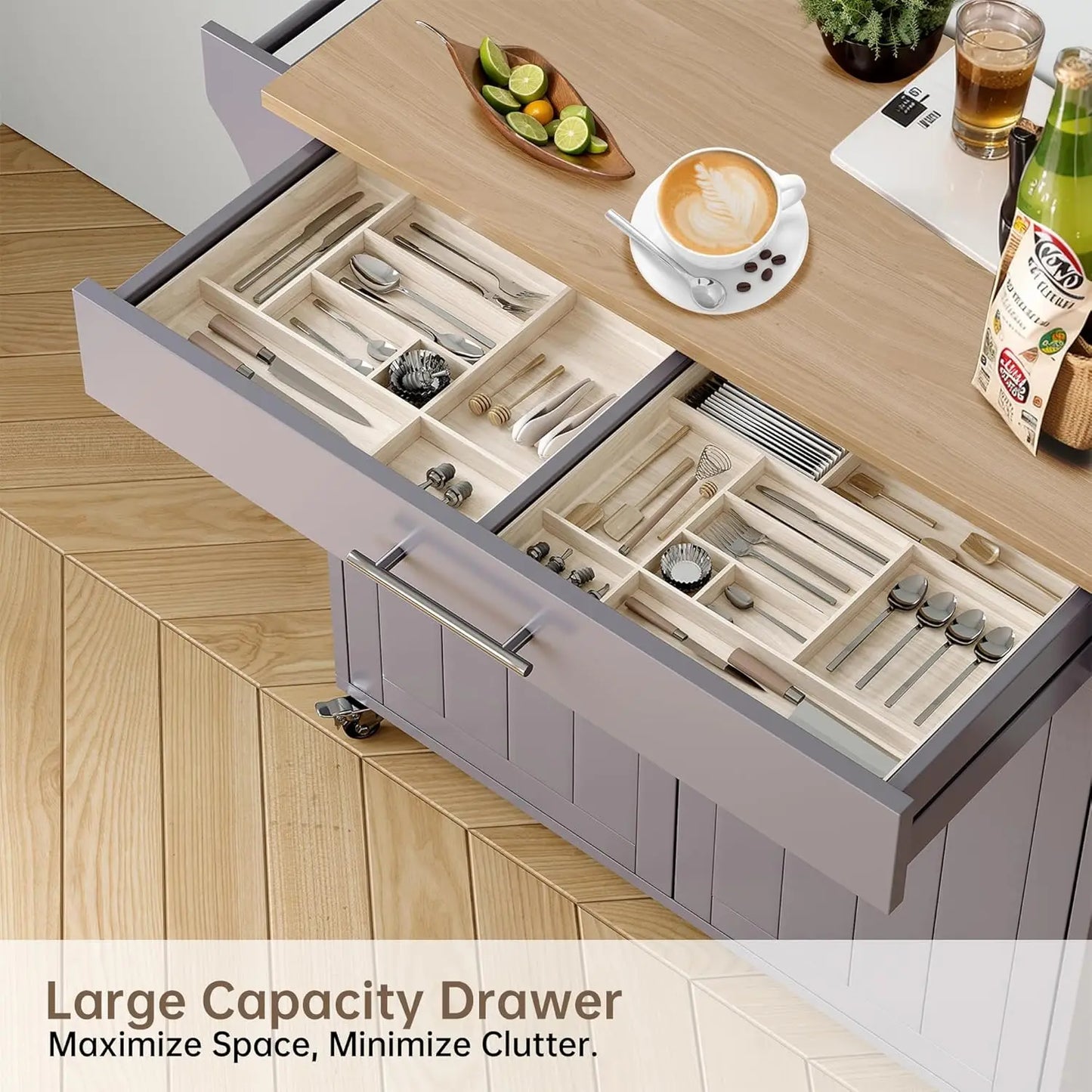 Grey Wood Kitchen Island Cart Storage Towel And Spice Racks