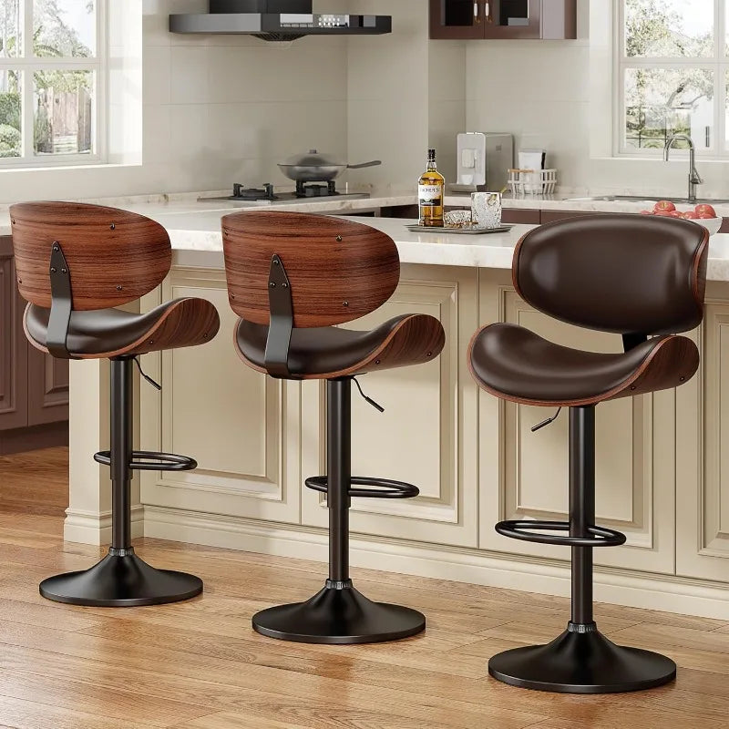 Bar Stools Set Of 3 Bentwood Adjustable PU Leather Swivel