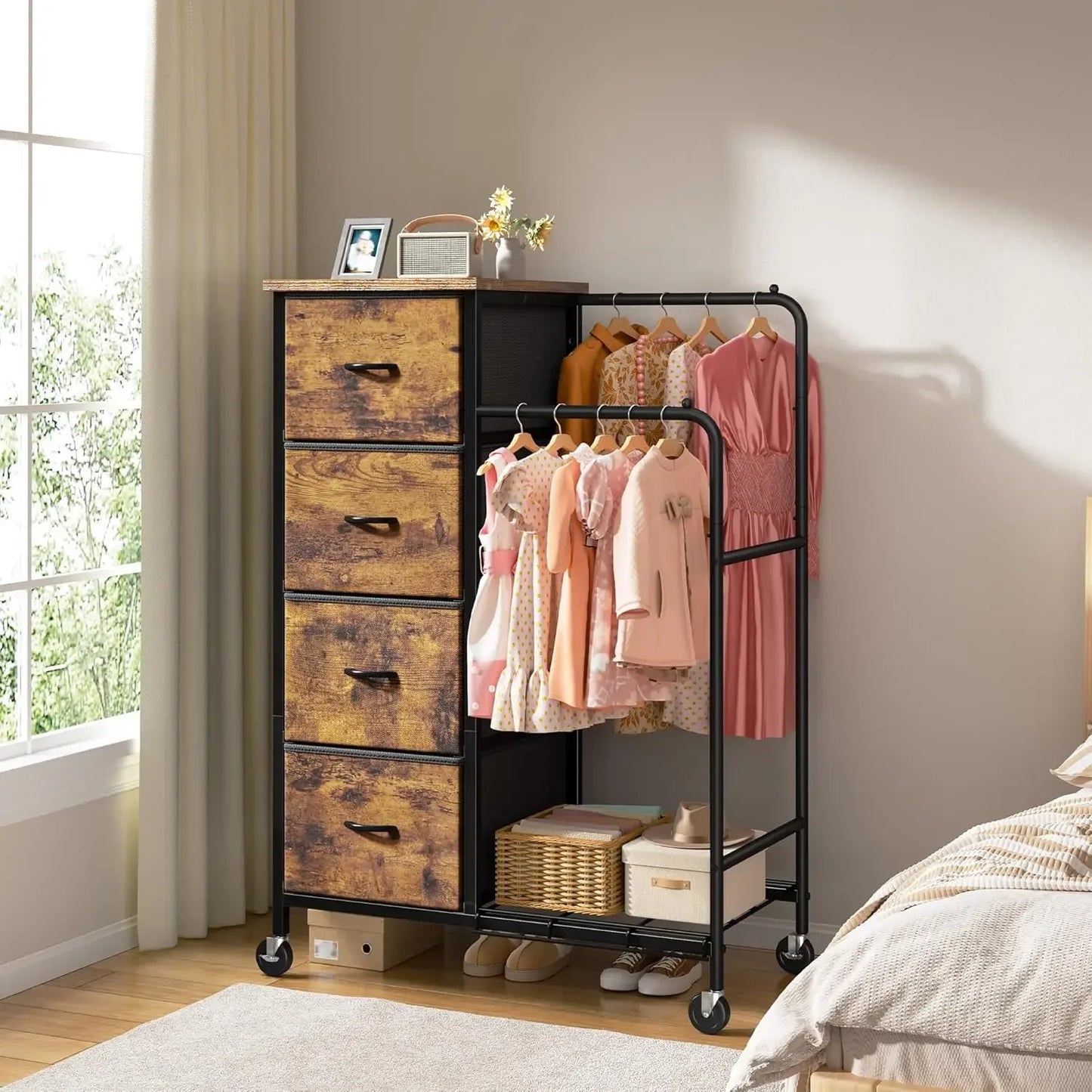 Tall Closet Organizer Dresser With Hanging Rack Fabric Drawers Wheels