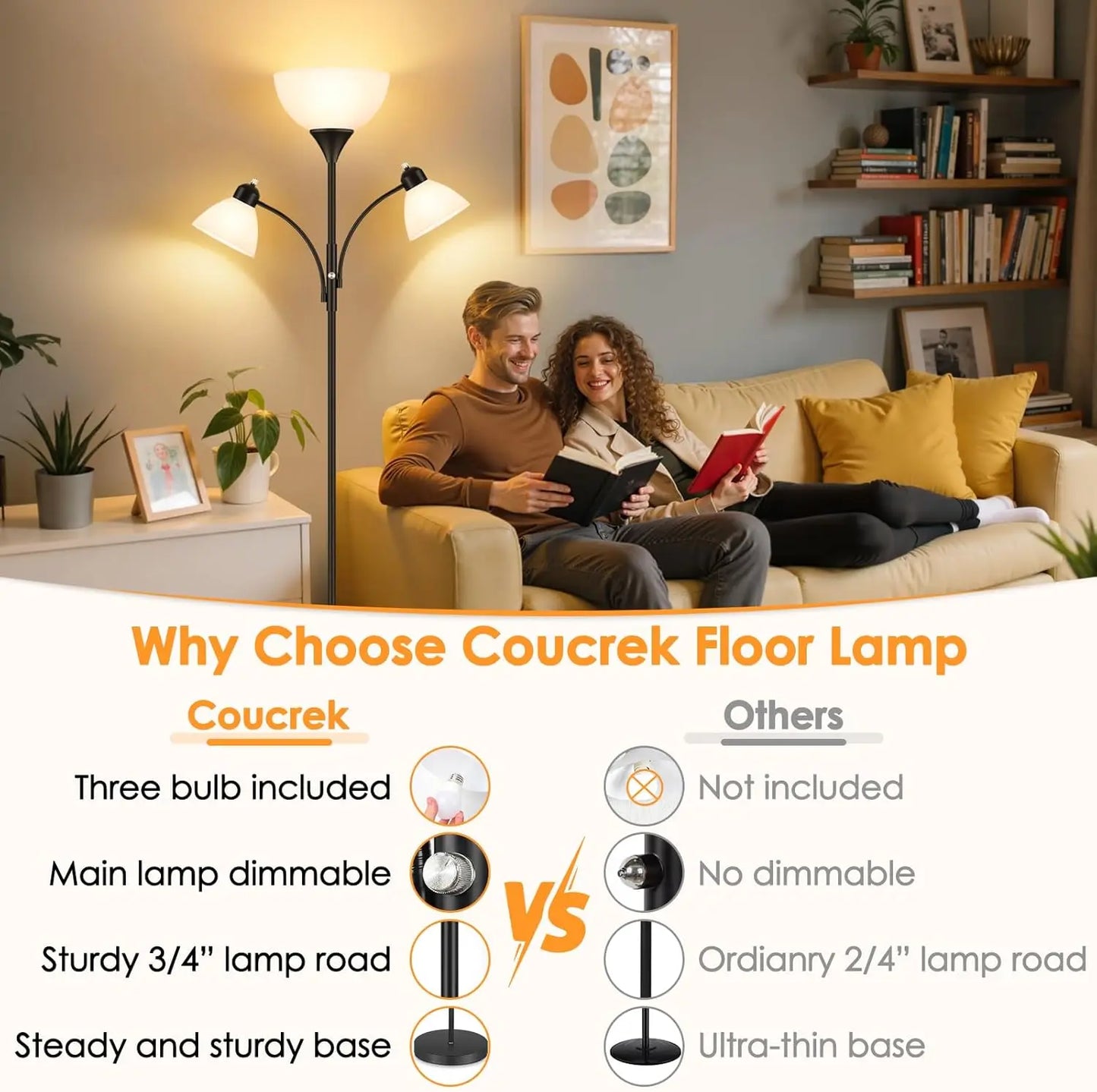 Dimmable Floor Lamp With Reading Lights Includes 3 Bulbs