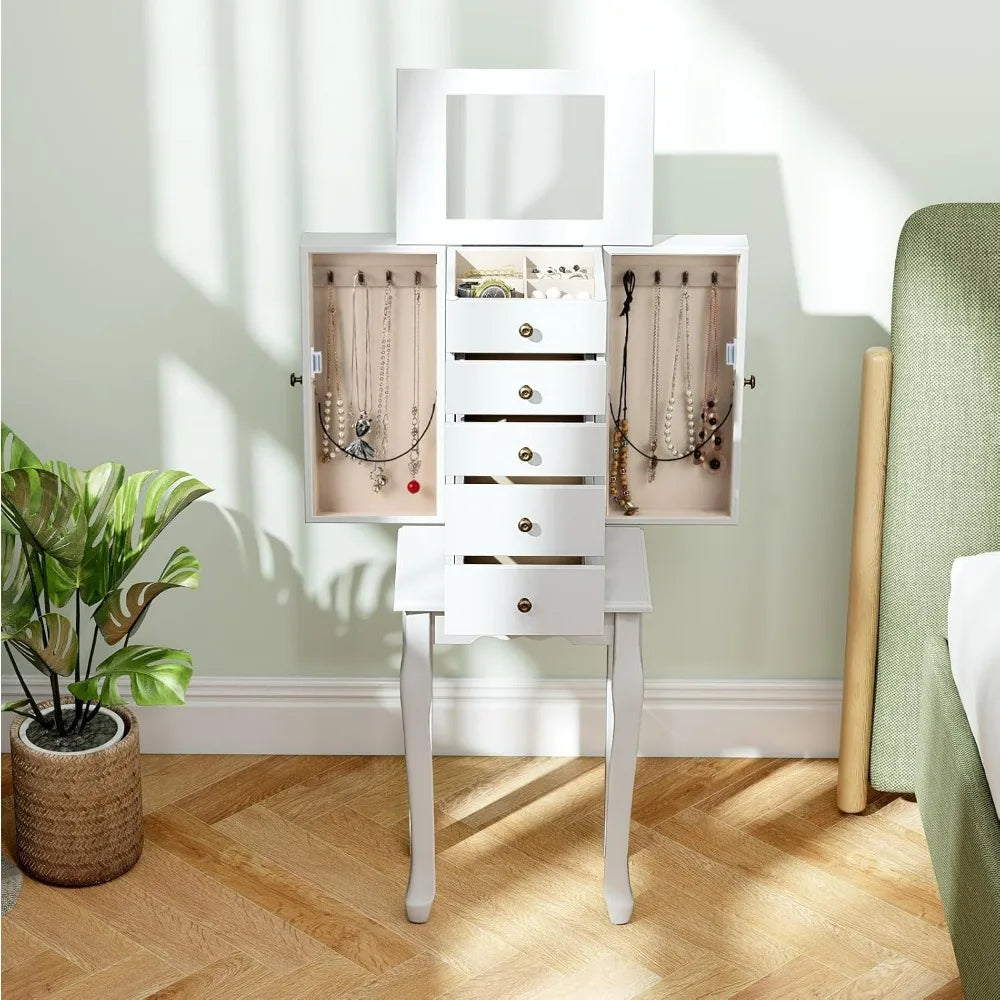 Standing Jewelry Armoire Cabinet With Flip Top Mirror And Drawers