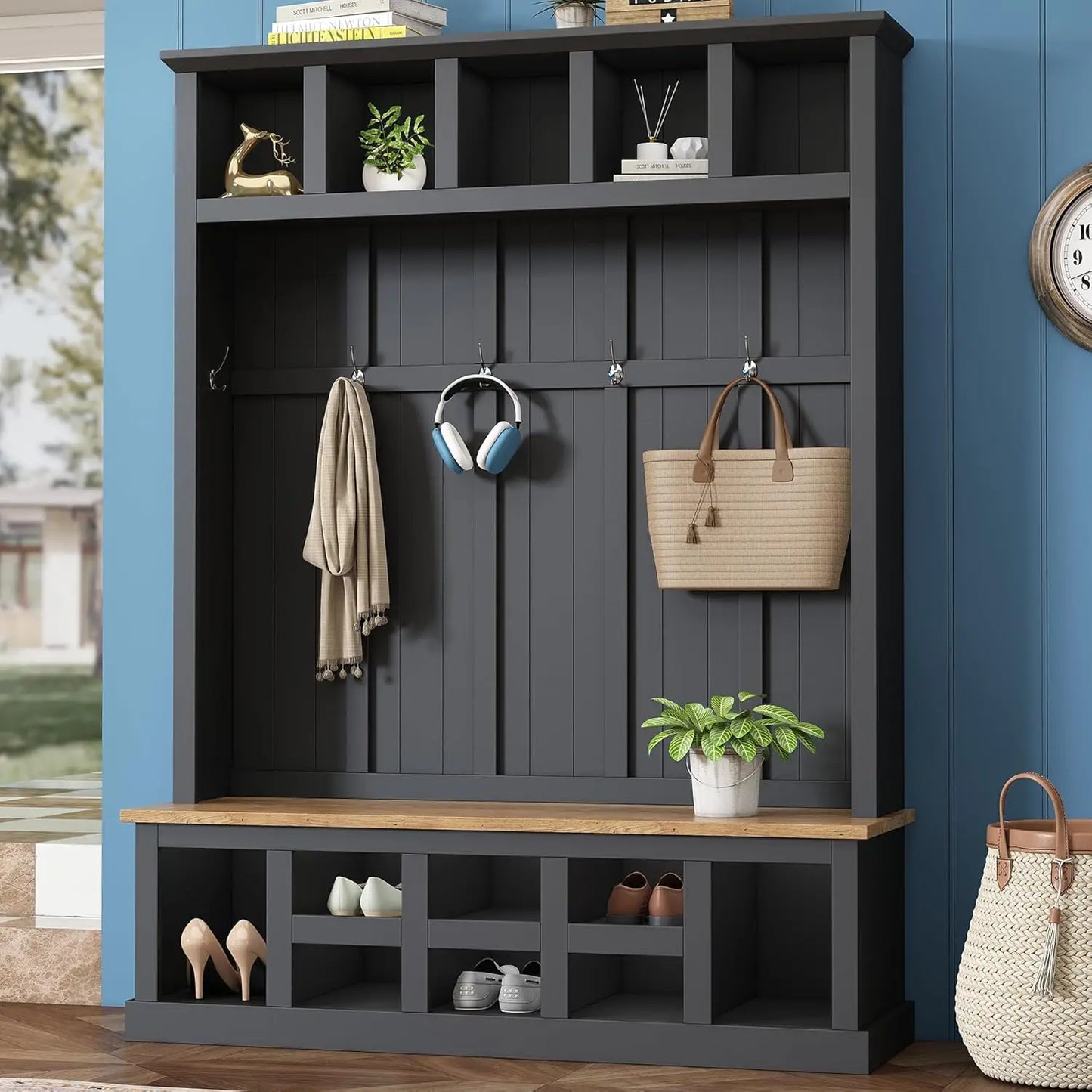 Hall Tree With Hidden Hooks Coat Rack And Shoe Storage