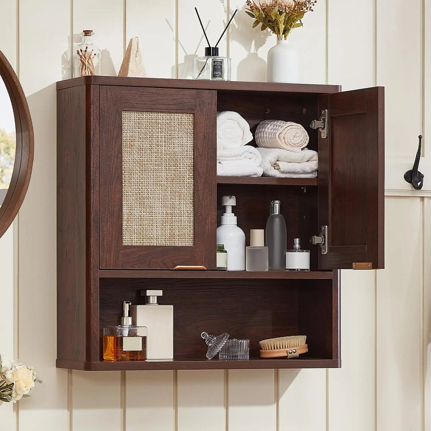 Rattan Boho Bathroom Wall Cabinet Over Toilet Storage