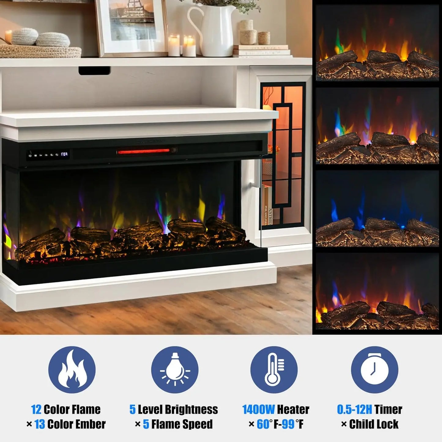 Electric Fireplace TV Stand With Glass LED Media Center