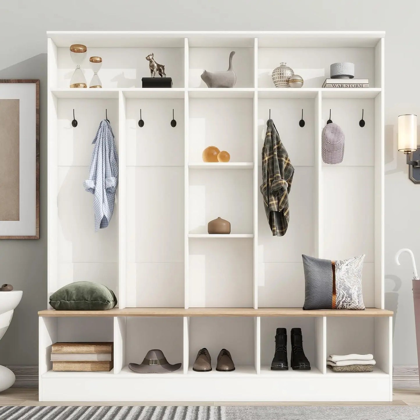 Hall Tree With Hidden Hooks Coat Rack And Shoe Storage