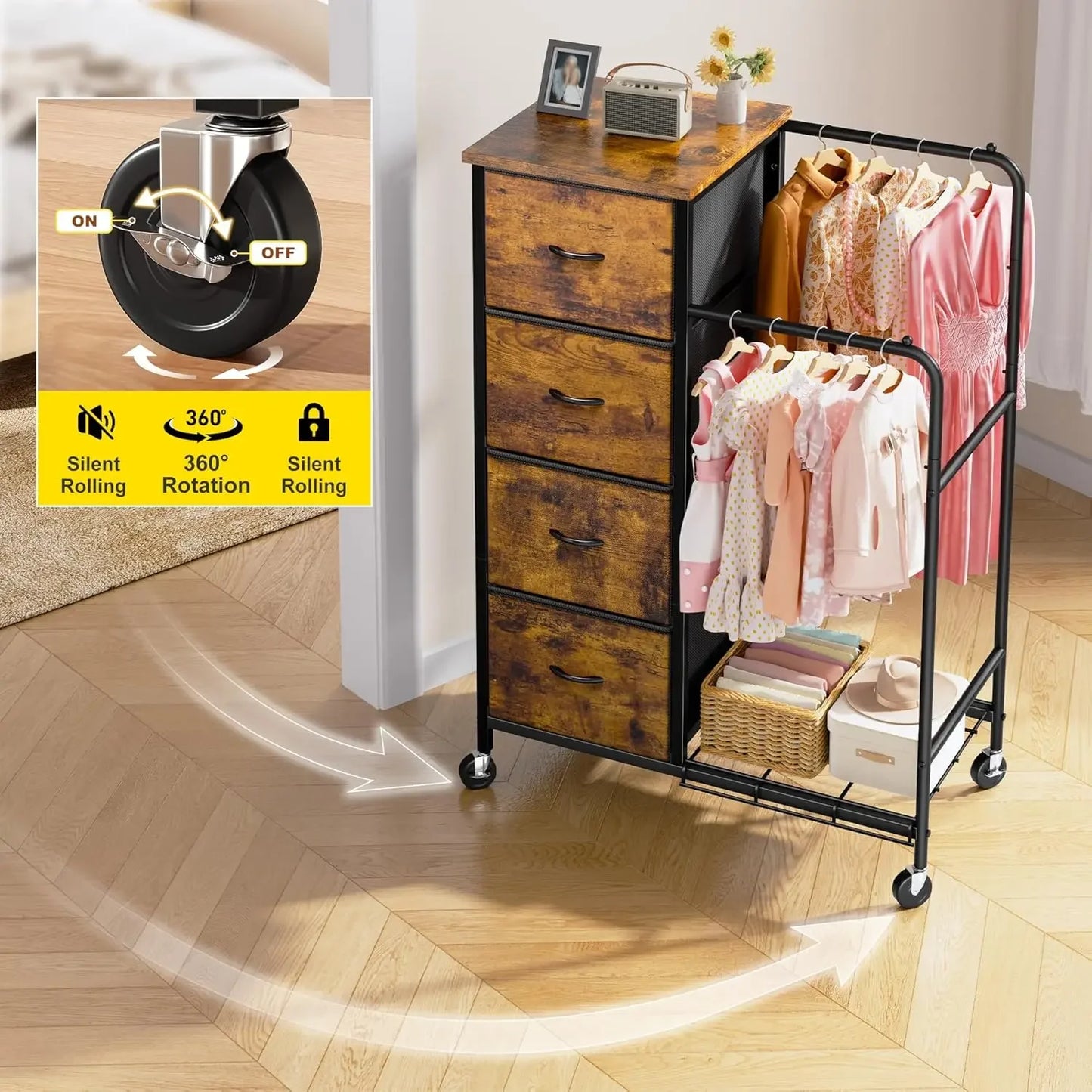 Tall Closet Organizer Dresser With Hanging Rack Fabric Drawers Wheels