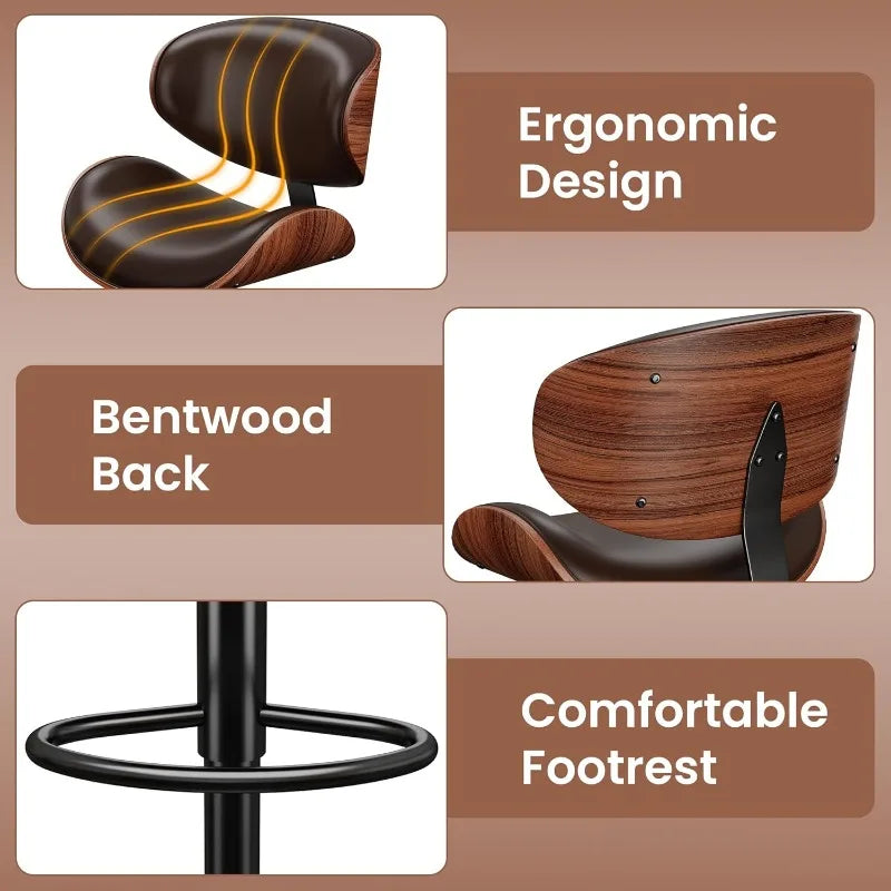 Bar Stools Set Of 3 Bentwood Adjustable PU Leather Swivel