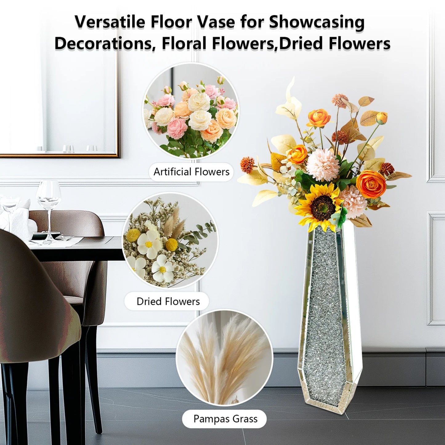 Modern Glass Floor Vase With Crushed Diamond Mirror Finish