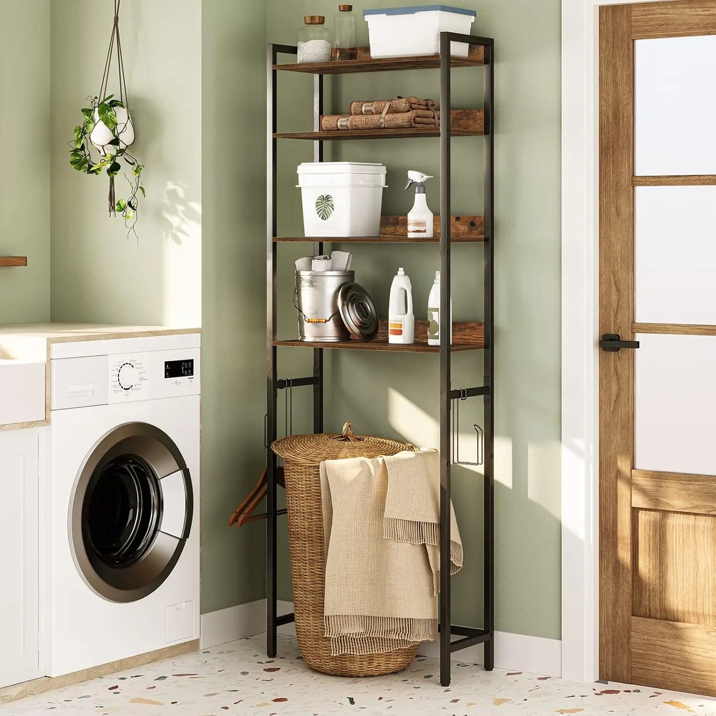 4 Tier Over Toilet Storage Rack With Hooks Bathroom Organizer