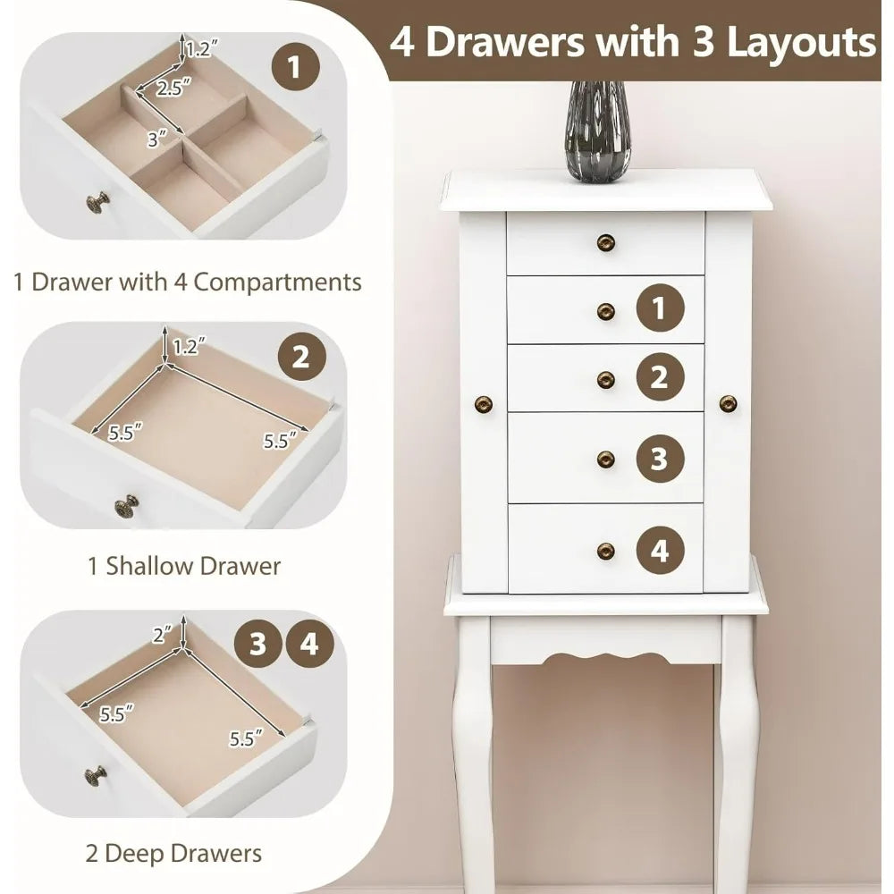 Standing Jewelry Armoire Cabinet With Flip Top Mirror And Drawers