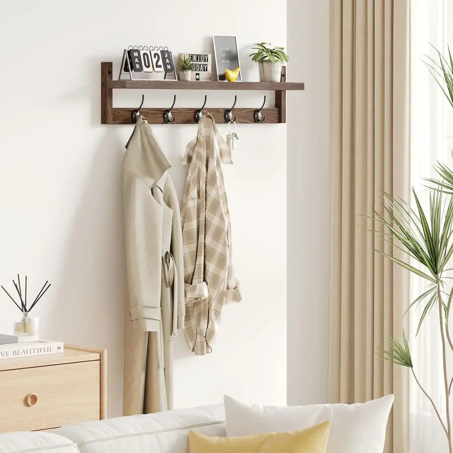 Wood Wall Mount Coat Rack With Shelf And Five Hooks