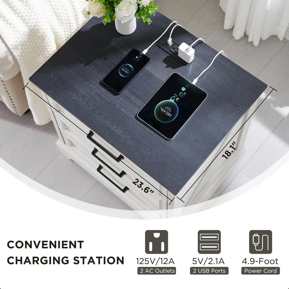 Farmhouse Nightstands Set Of 2 With Charging Station And Drawers