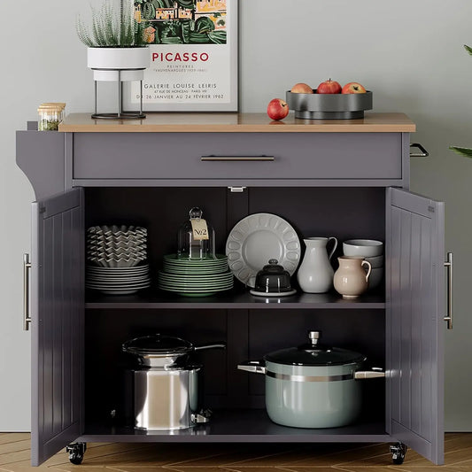 Grey Wood Kitchen Island Cart Storage Towel And Spice Racks