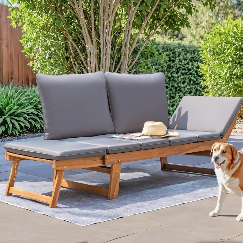 Outdoor Couch Acacia Wood Patio Sofa With Adjustable Armrests