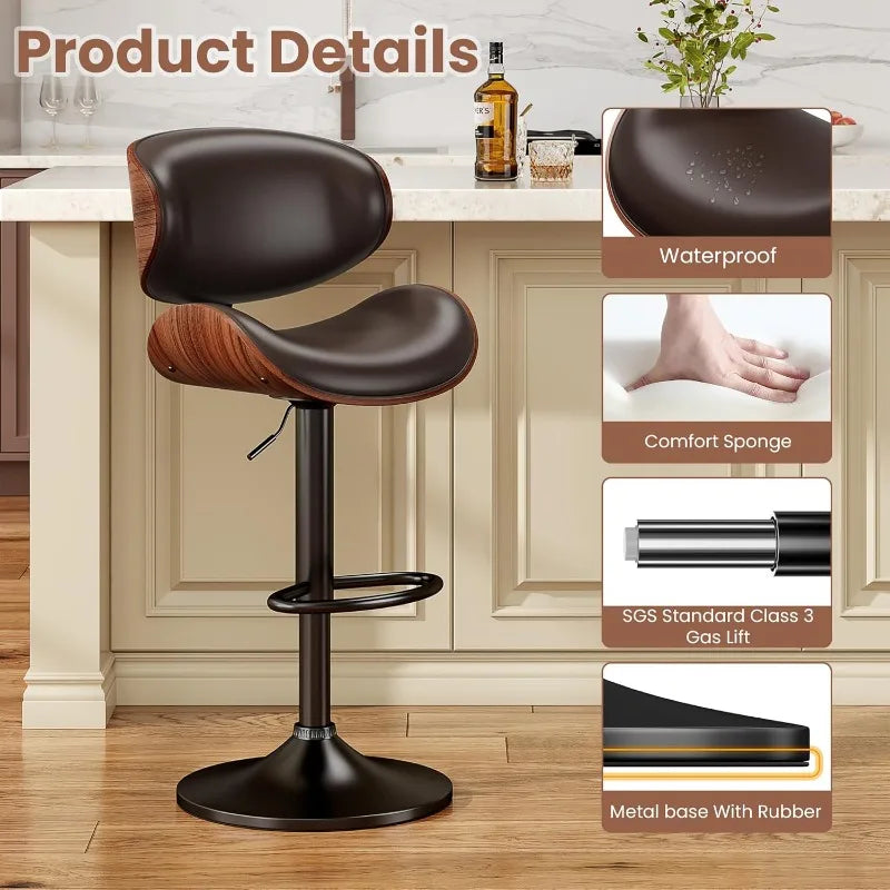 Bar Stools Set Of 3 Bentwood Adjustable PU Leather Swivel