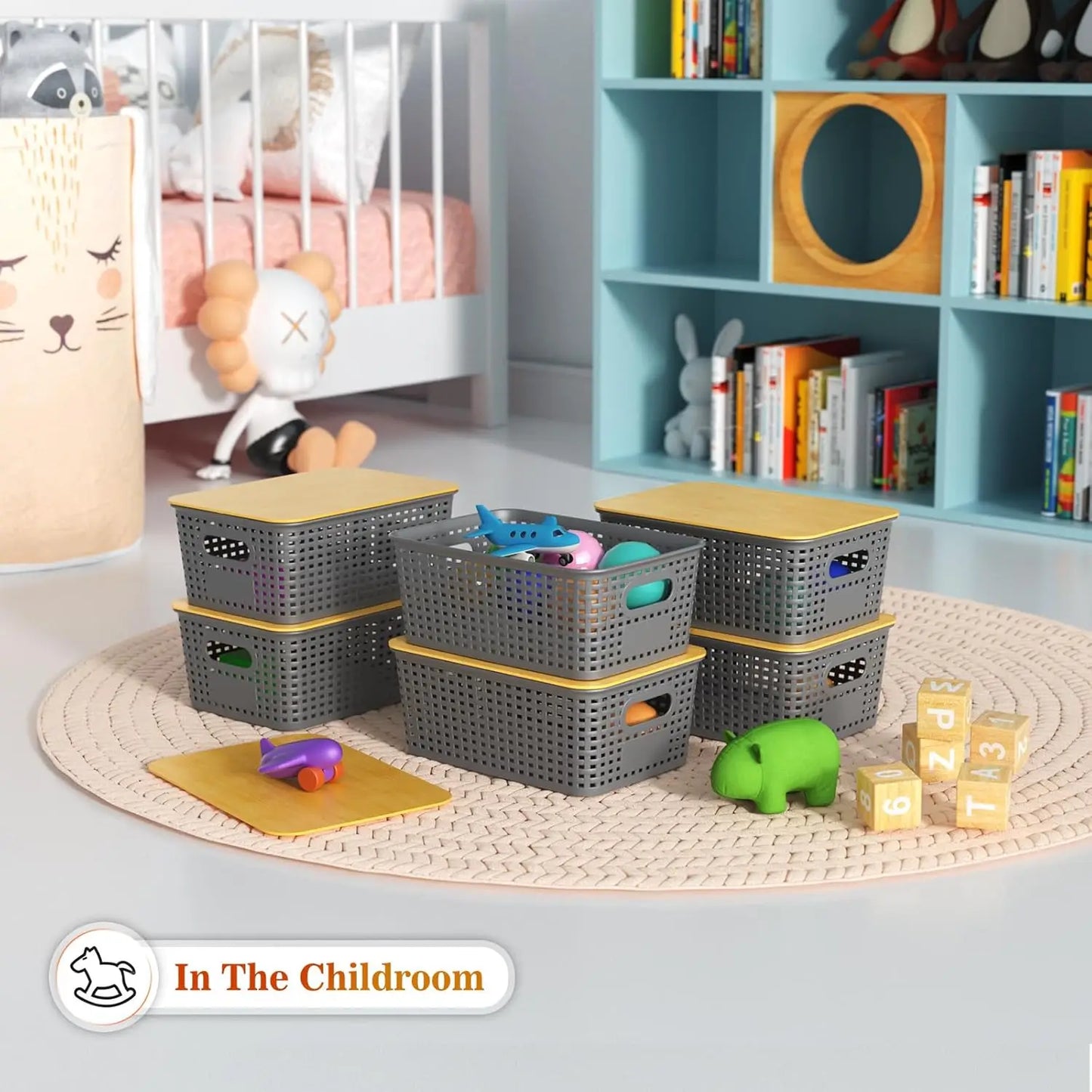 NONECN Bamboo Lid Plastic Storage Baskets Stackable