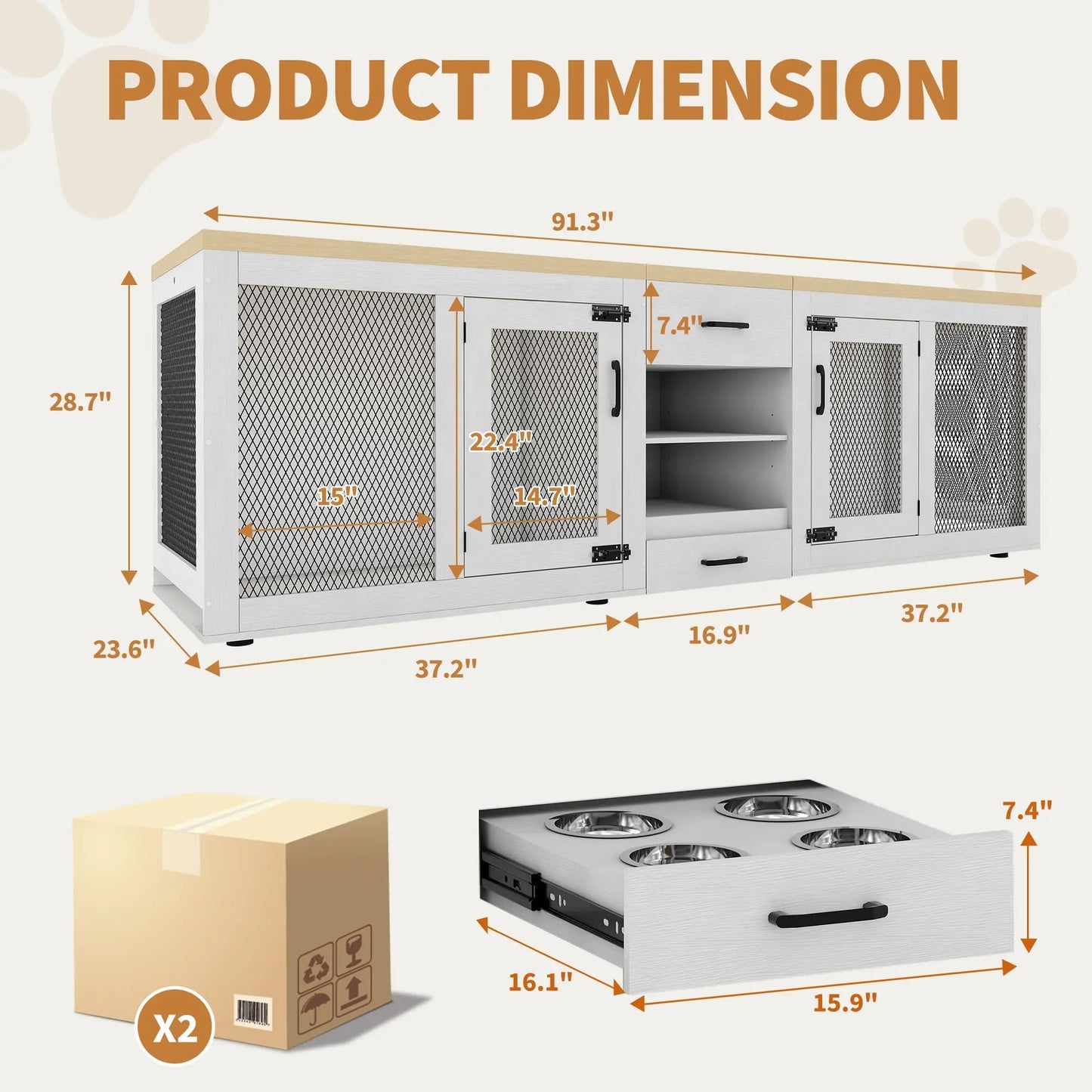 HiMISS Heavy Duty Dual Dog Crate TV Stand Feeding Station