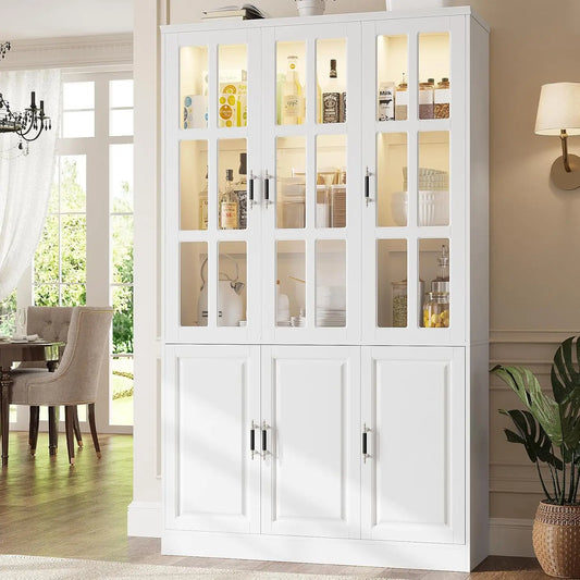 Kitchen Pantry Cabinet With LED Lights And Glass Doors