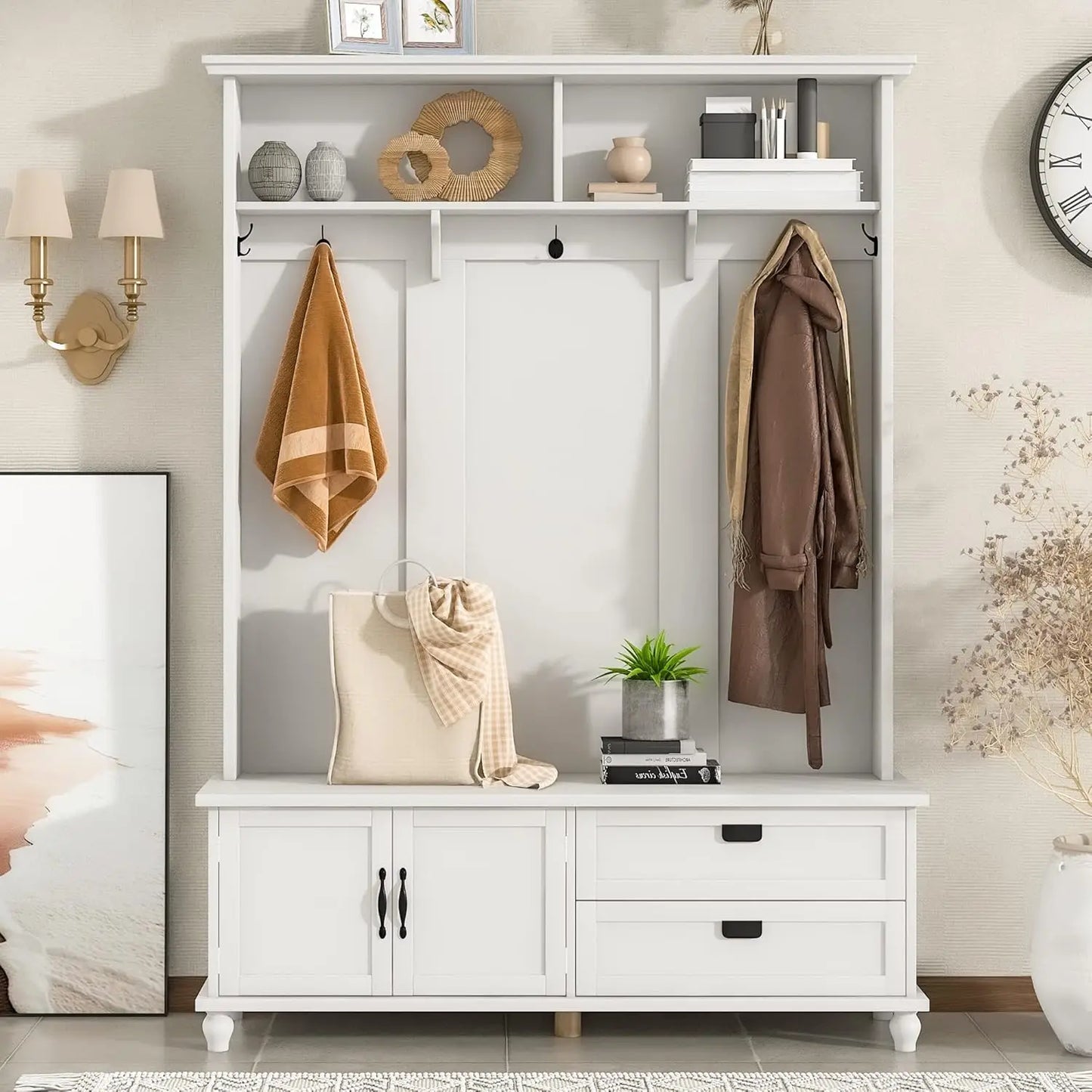 Hall Tree With Hidden Hooks Coat Rack And Shoe Storage