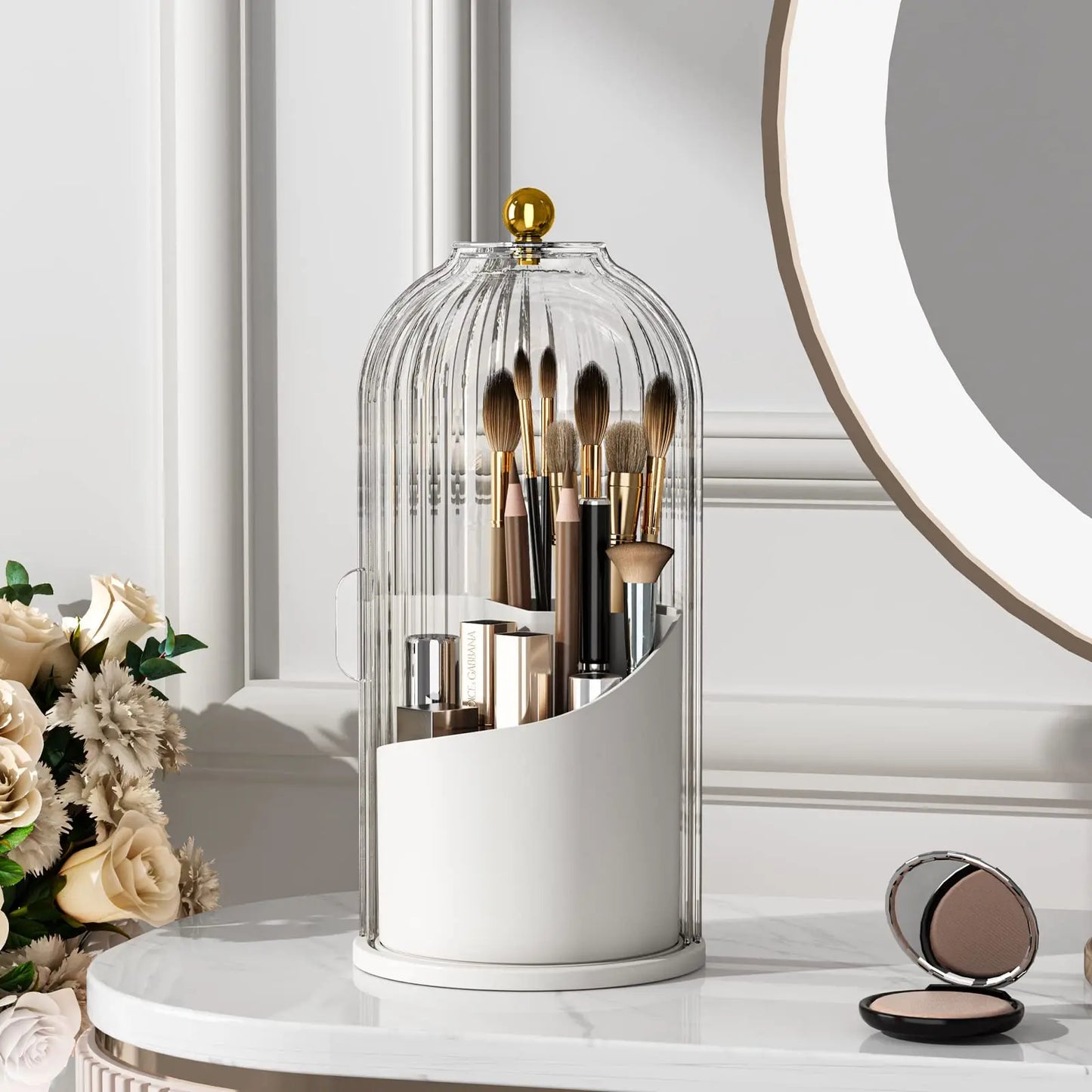 Makeup Brush Holder Organizer With Lid 360 Rotating