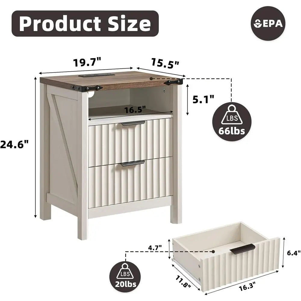 Fluted Nightstand With Charging Station Farmhouse End Table Pair