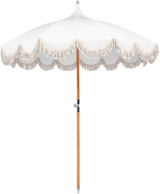 Boho Beach Umbrella Fringe UPF 50 Foldable Wood Pole