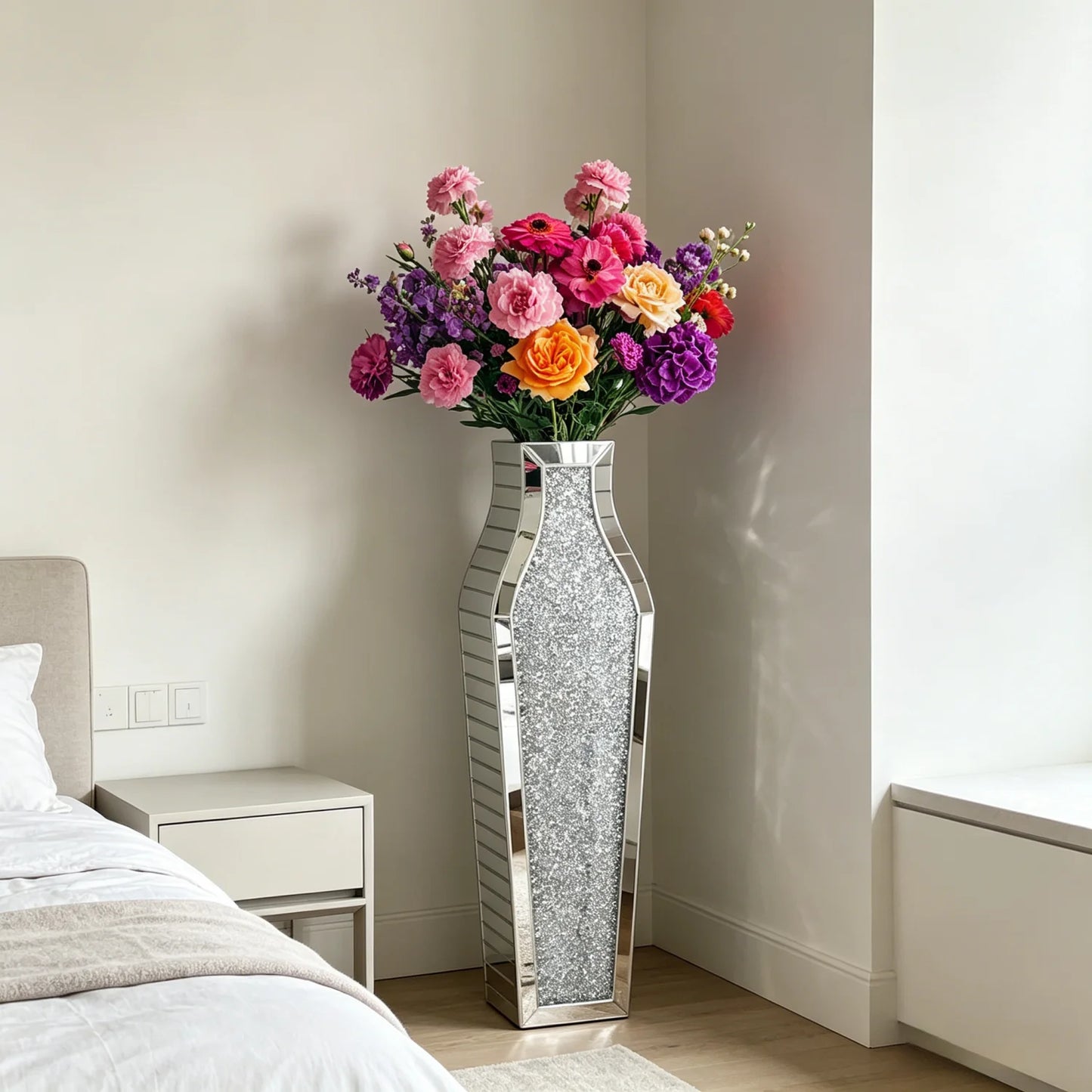 Modern Glass Floor Vase With Crushed Diamond Mirror Finish