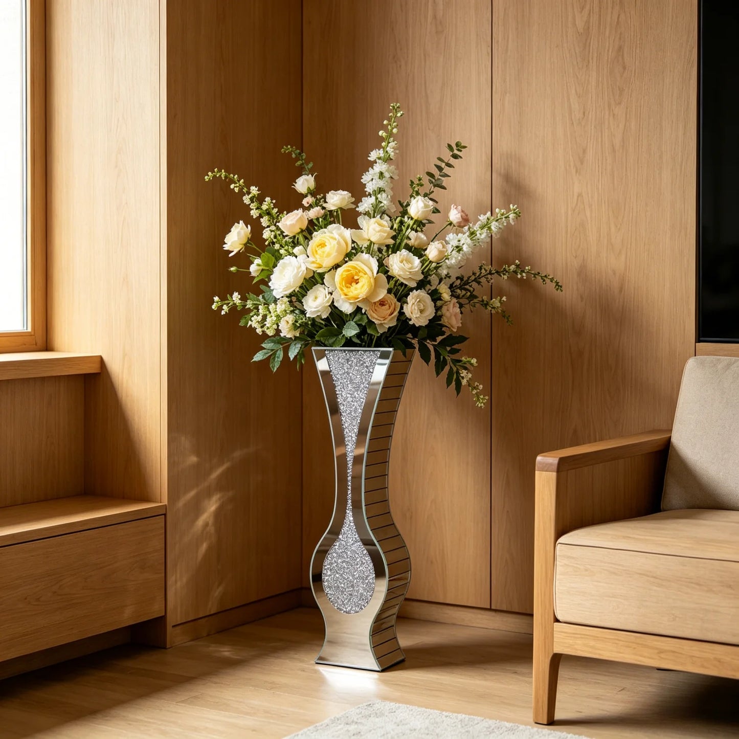Modern Glass Floor Vase With Crushed Diamond Mirror Finish