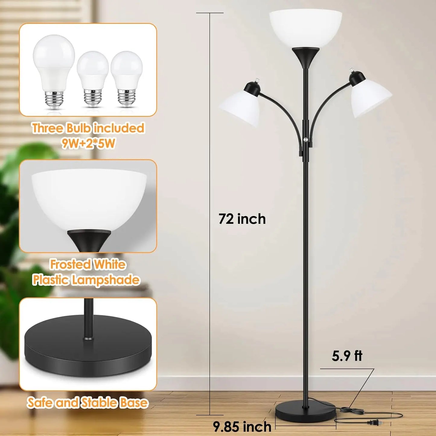 Dimmable Floor Lamp With Reading Lights Includes 3 Bulbs