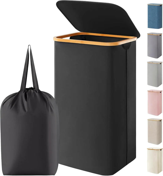 NONECN Laundry Basket With Lid Bamboo Handles Removable Inner Bag