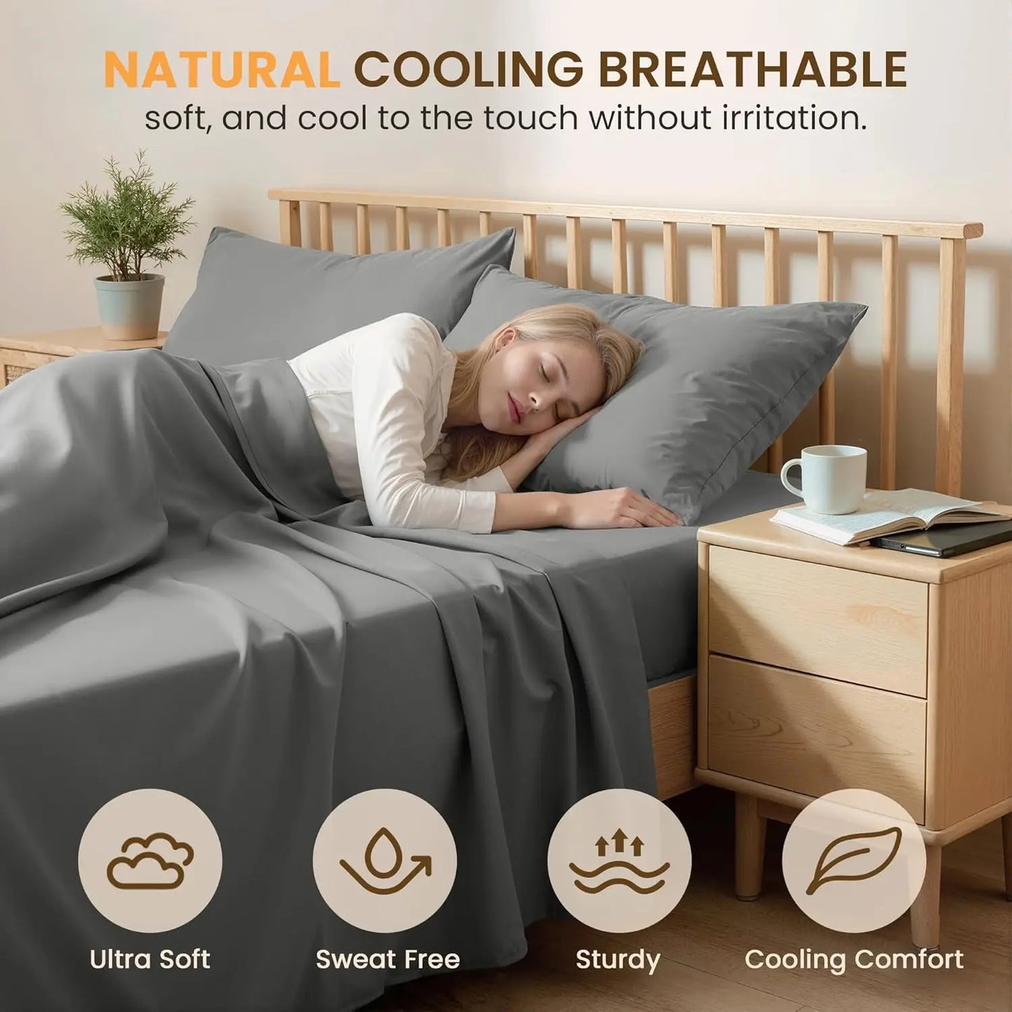 Breathable Polyester Cotton Sheet Set With Deep Pockets 4-Piece