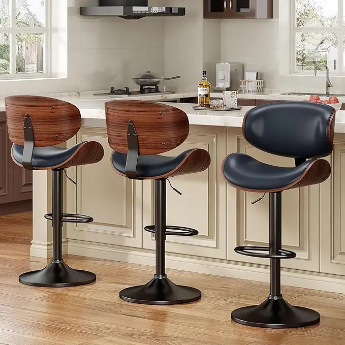 Bar Stools Set Of 3 Bentwood Adjustable PU Leather Swivel