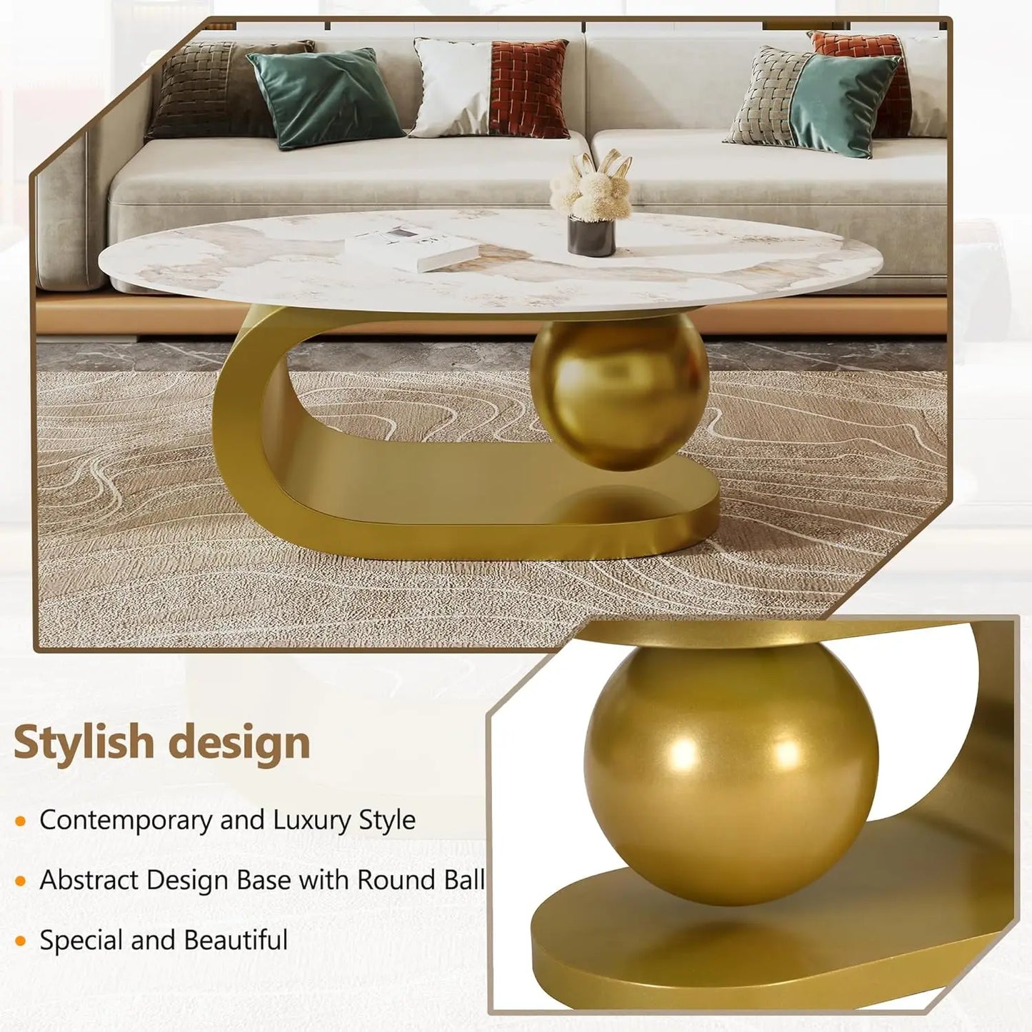 Oval Marble-Pattern Sintered Stone Coffee Table With Metal Base