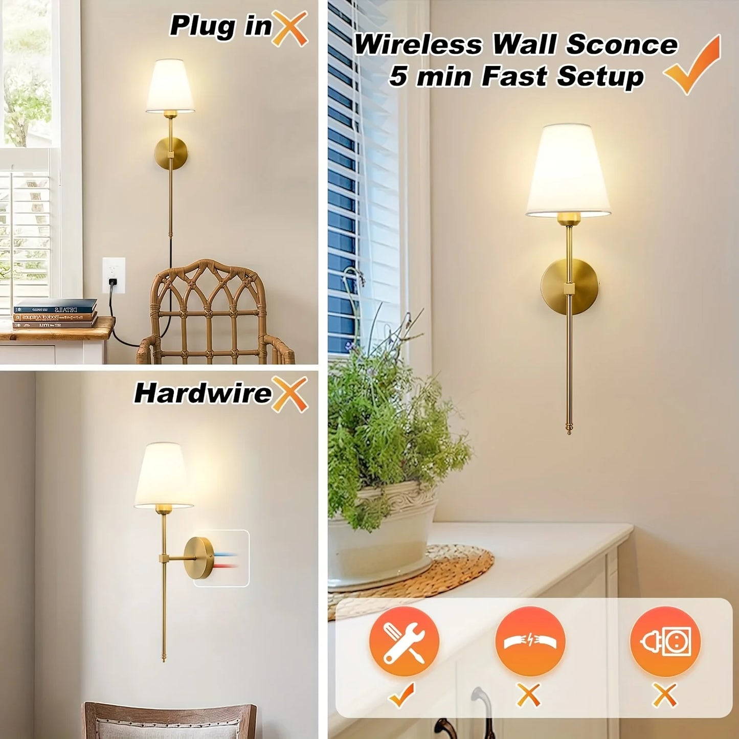 Battery Operated Wall Sconce Set Of 2 With Dimmable LEDs